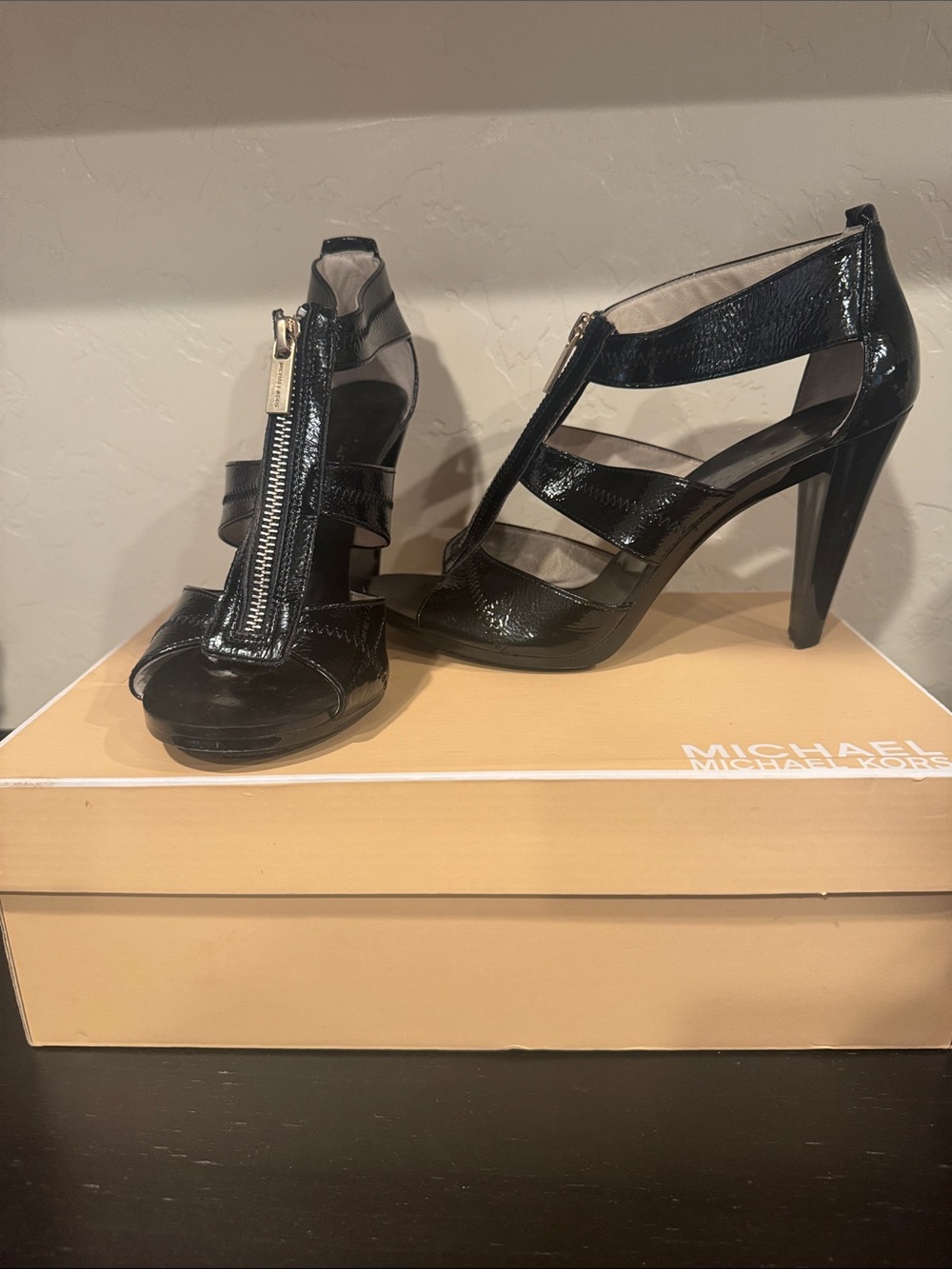 Michael Kors Black Patent Leather T-Strap High Heels with Front Zipper